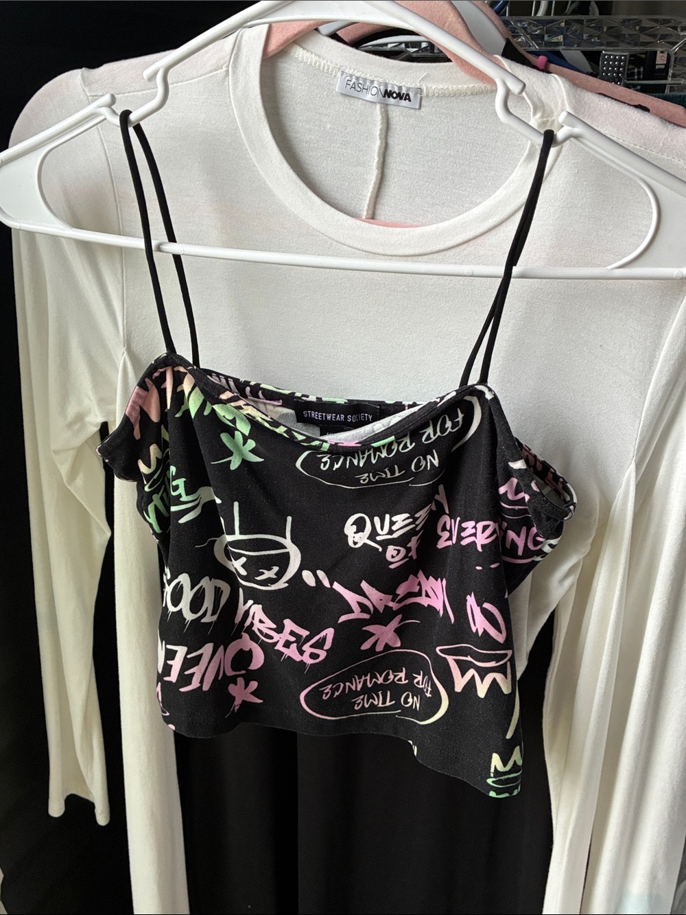 Fashion Nova Black Graffiti Print Crop Cami with Pink & Green Accents